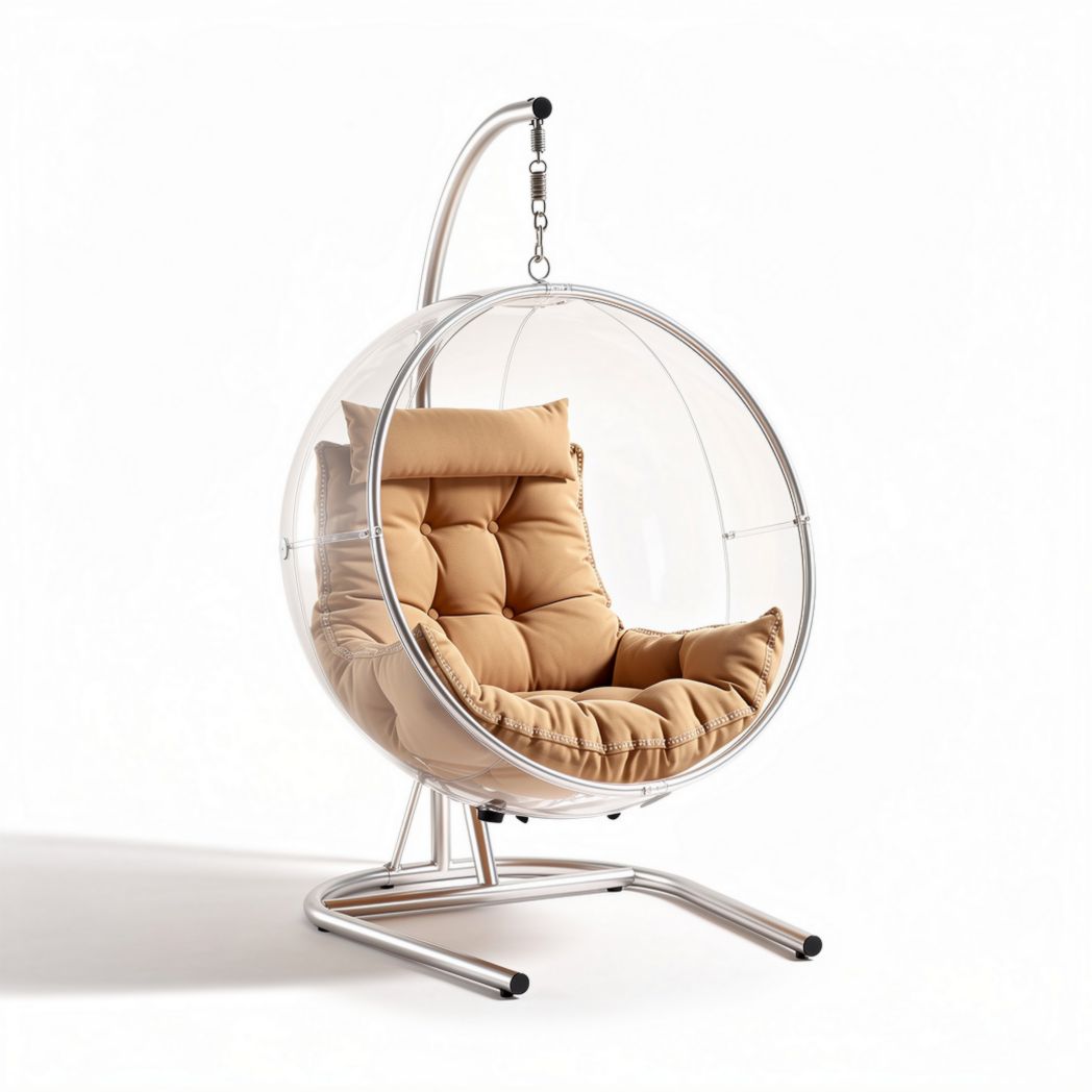 Chaise suspendue en plastique transparent avec coussins en polyester beige 90 x 90 x 120cm