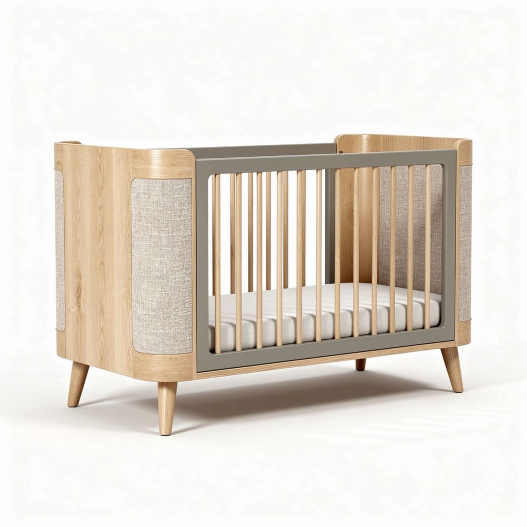 Lit bébé en bois avec panneaux en tissu et dimensions 120 x 60 x 80cm