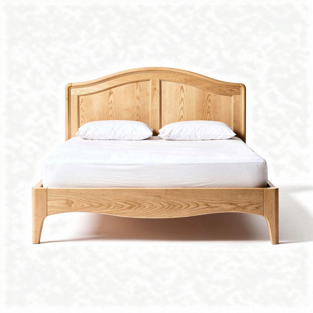 Lit double en bois naturel de 200 x 150 x 100 cm avec tête de lit courbée