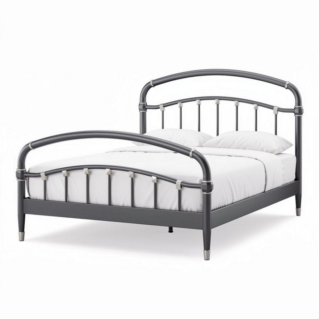 Lit en métal gris avec sommier 190 x 140 cm et finitions en argent