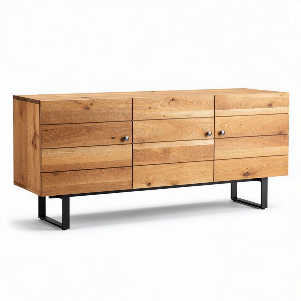 Buffet en bois naturel avec 6 tiroirs en métal noir 150 x 45 x 75cm