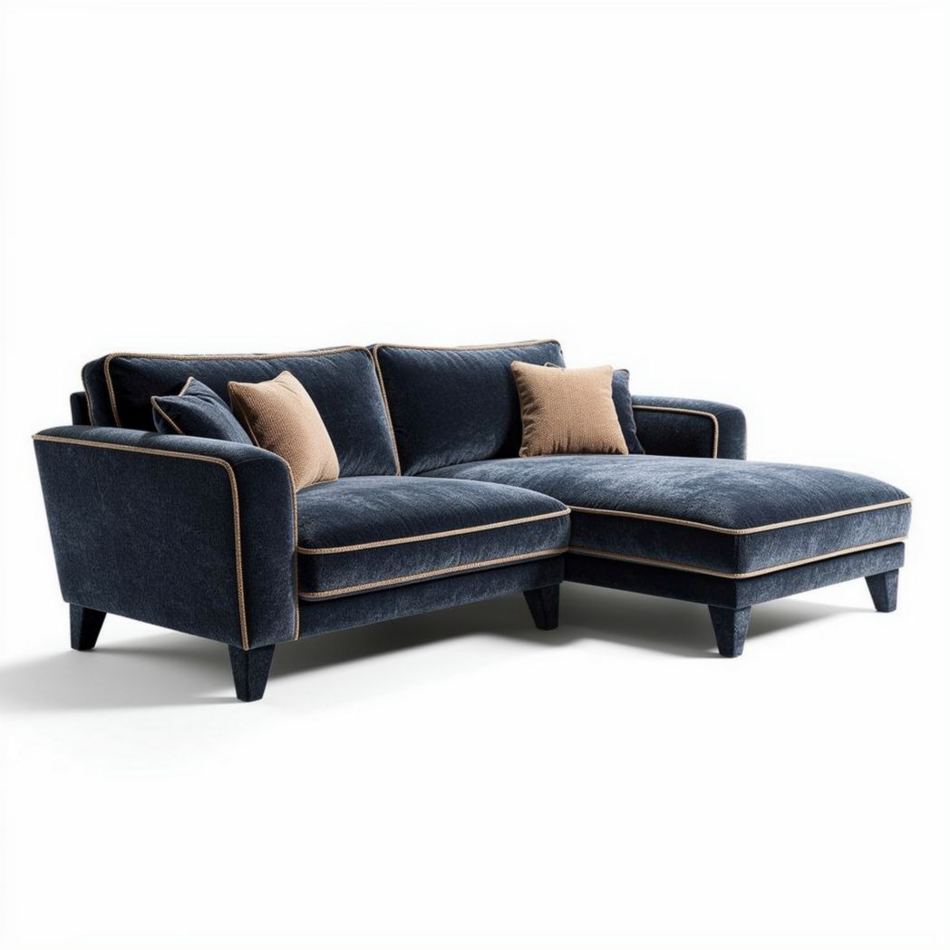 Canapé d'angle en velours bleu avec coussins en polyester 200 x 90 x 85cm