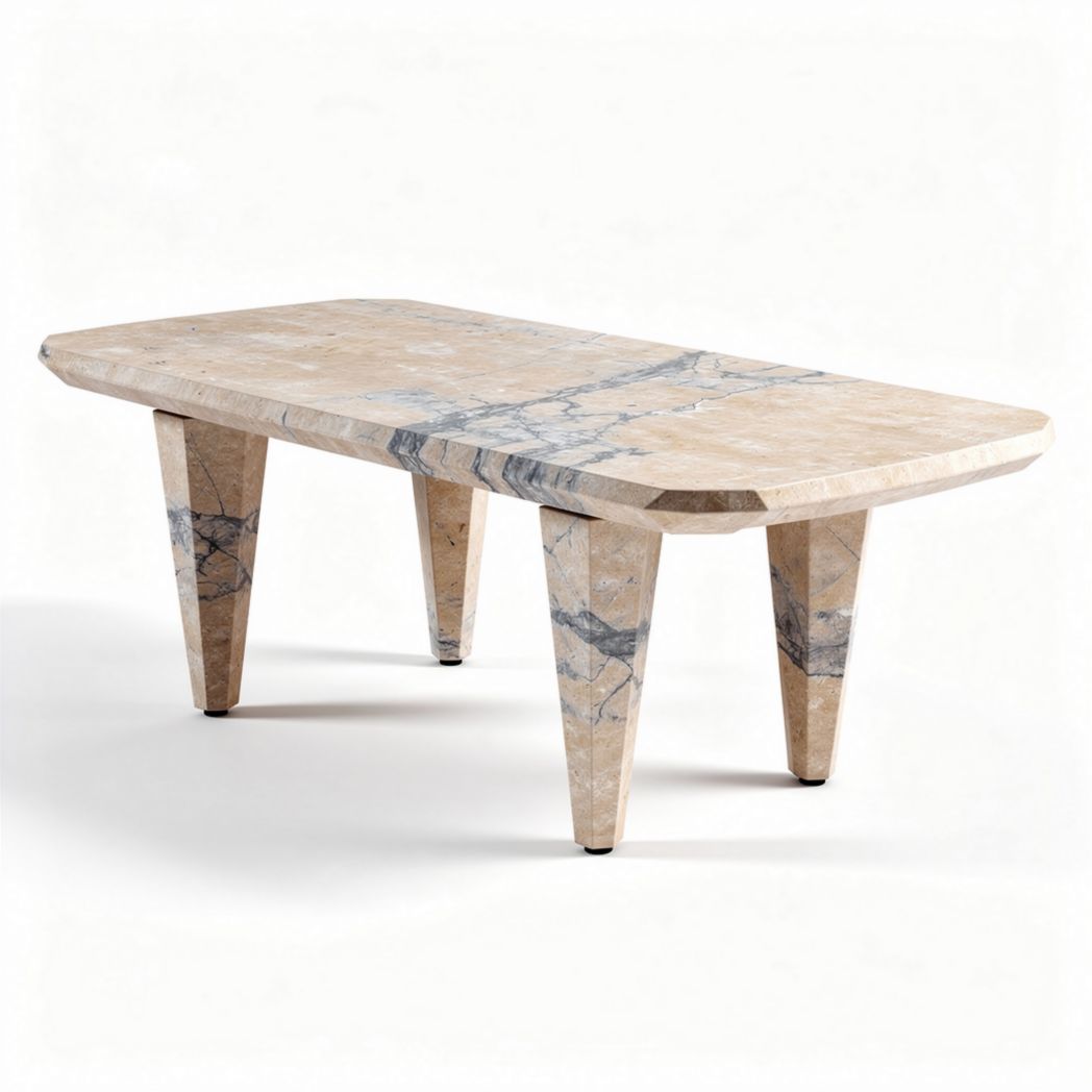 Table en marbre beige avec pieds coniques dimensions 180 x 90 x 75cm