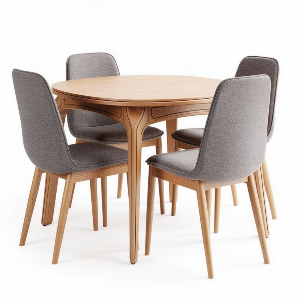 Table ronde en bois avec quatre chaises rembourrées grises 120 x 120 x 75cm