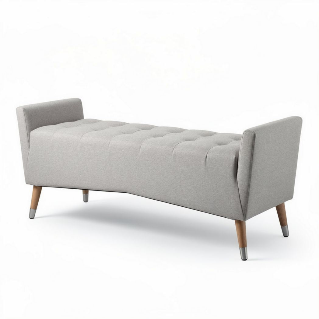 Banc rembourré en tissu gris clair avec pieds en bois 150 x 60 x 75cm